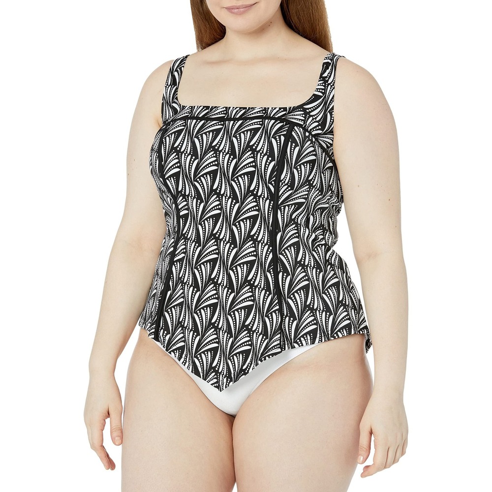 Fit 4 U Tankini Top Size 14 Black White Geometric Handkerchief Hem D/E Cup NWT